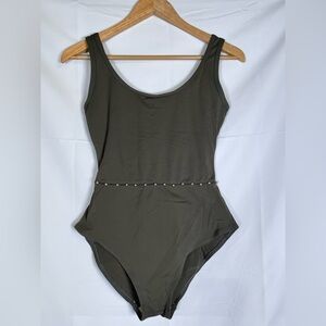 Karla Colletto Swimsuit Womens Size 10 One Piece Pearl Trim USA Green